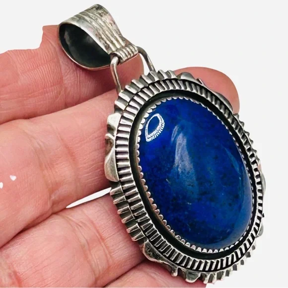 Signed Begay Large Sterling Lapis Native American Pendant - Picture 1 of 6